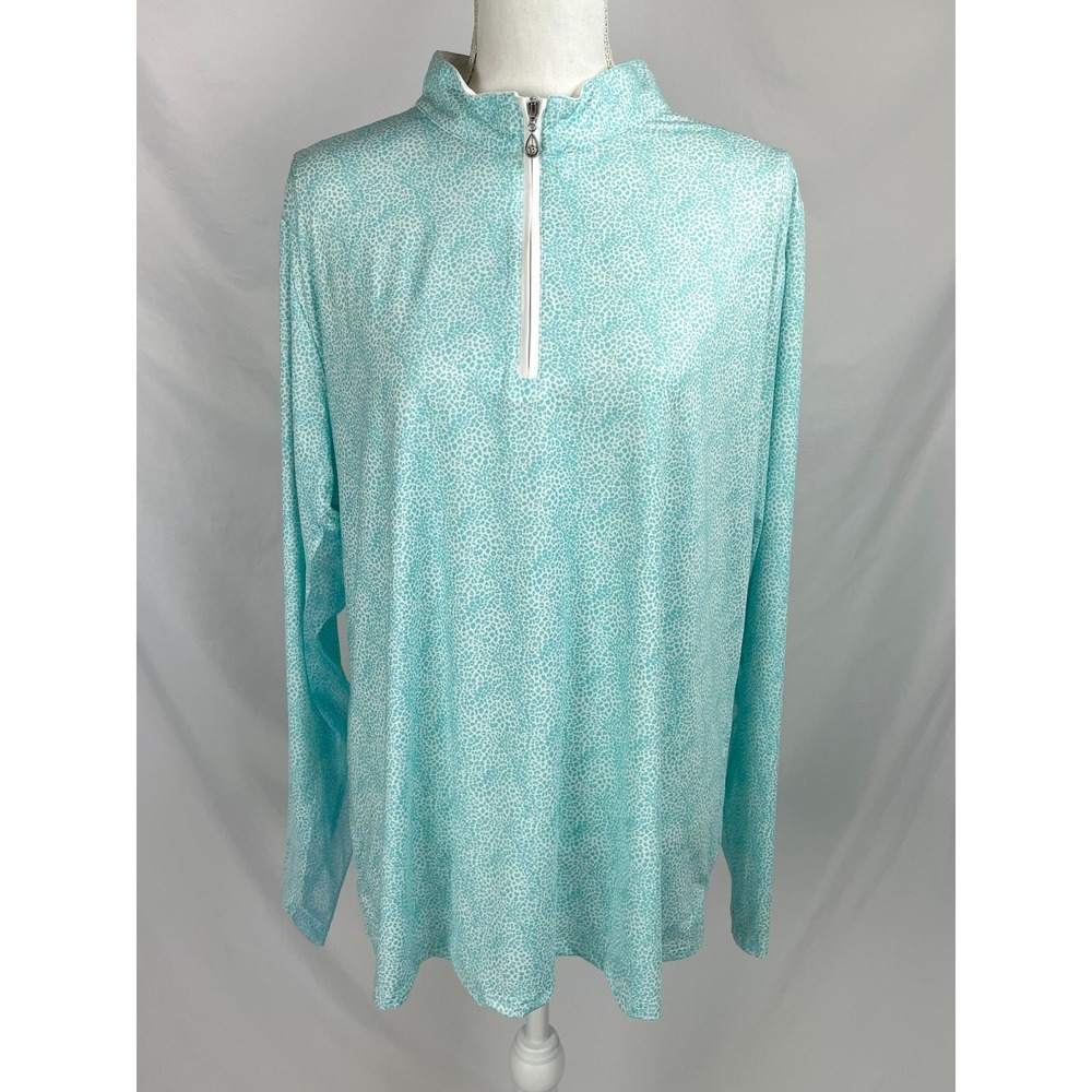 San Soleil Top Women XXL Green White Long Sleeve 1/4 Zip Sun Protection UPF 50